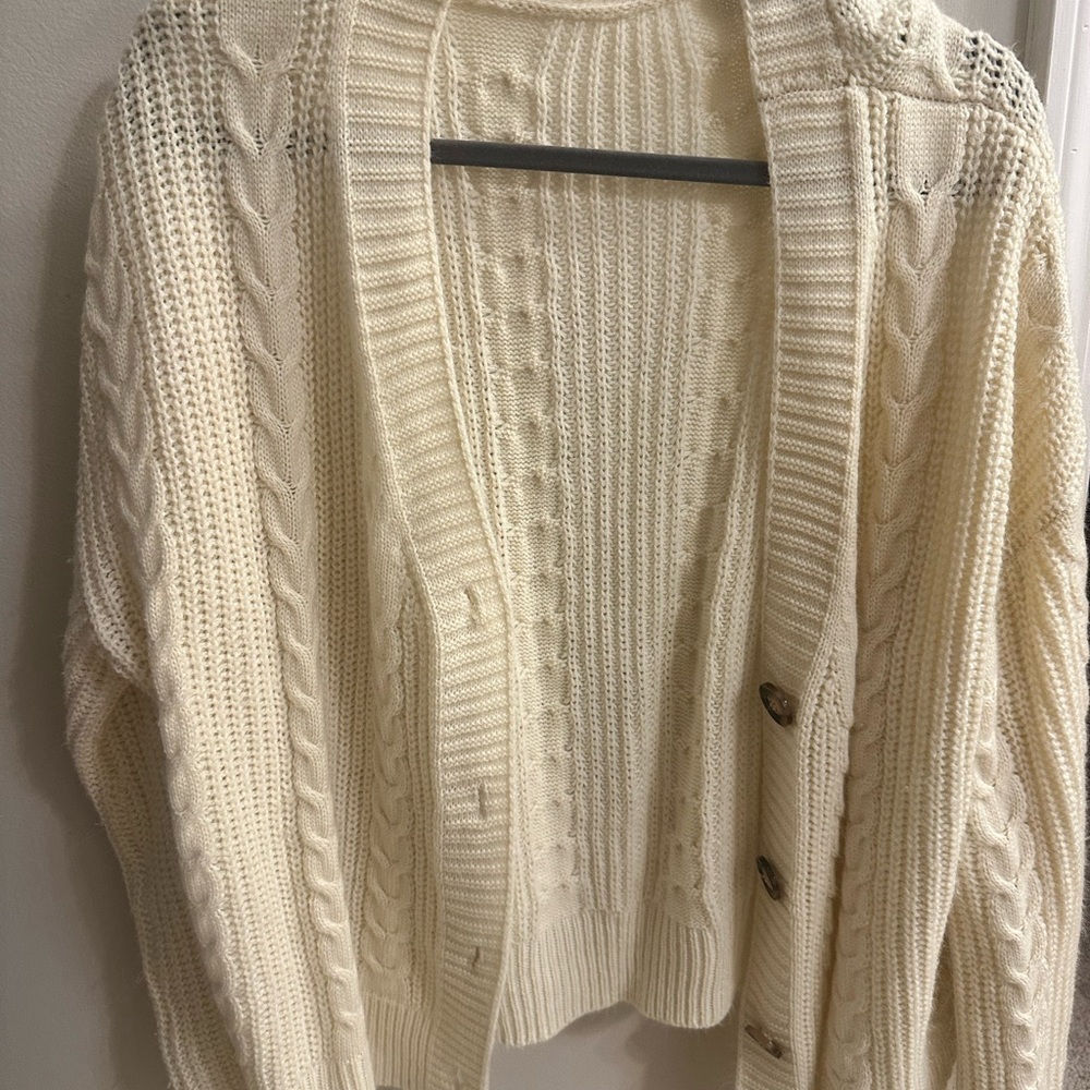 SHEIN Cream Cable Knit Cardigan Sweater | Size Large